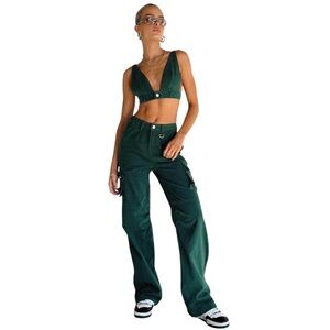 Princess Polly PAIGE Mid Rise Cargo Jeans - Denim Green (Size 0)